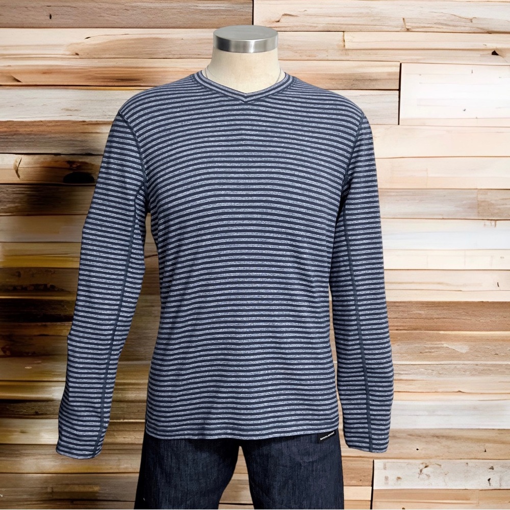 Lululemon Men’s Speed Long Sleeve Shirt Classic Stripe Heathered Black Iris Blue